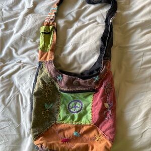 Green and Red Bohemian Shoulder Bag with Patchwork Design